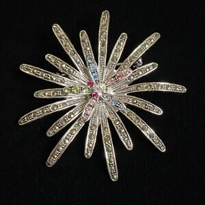 Silver Tone Starburst Brooch Pin Marcasite Style Multicolor Rhinestone Snowflake
